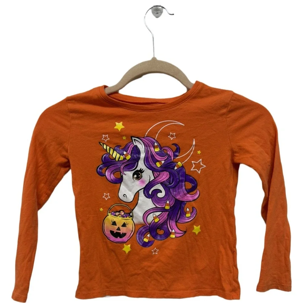The Children's Place Girls 5/6 Halloween Unicorn Candy Corn Orange Shirt